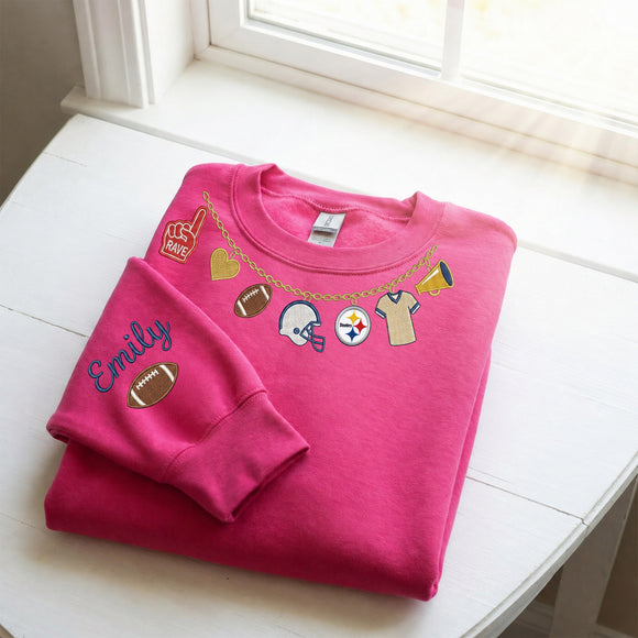 Custom Football Charm Necklace Embroidered Game Day Sweater For Fans