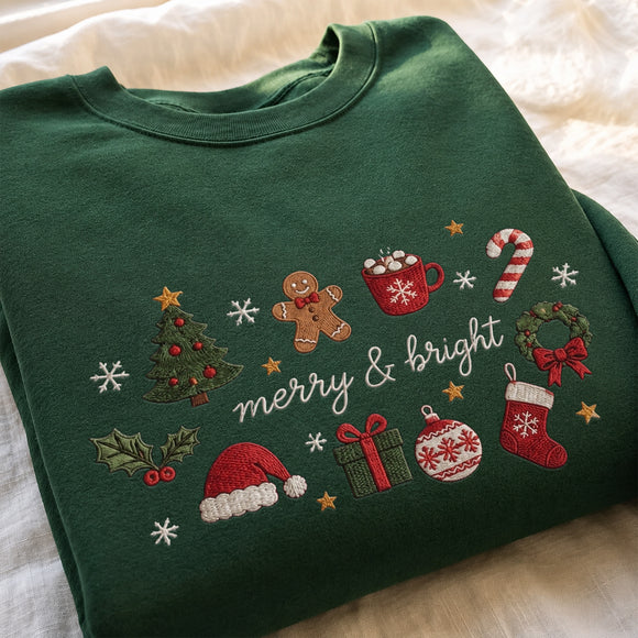 Embroidered Merry Bright Christmas Sweatshirt Cozy Holiday Gift Women