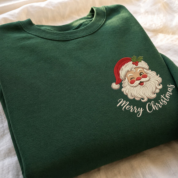 Vintage Embroidered Santa Sweatshirt Cozy Christmas Holiday Family Gift