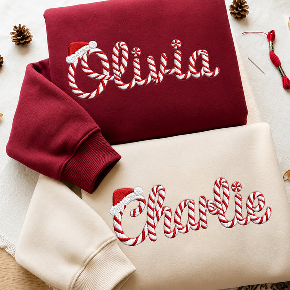 Personalized Candy Cane Embroidered Xmas Name Sweatshirt Family Gift
