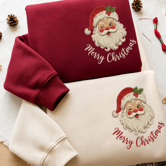 Vintage Embroidered Santa Sweatshirt Cozy Christmas Holiday Family Gift
