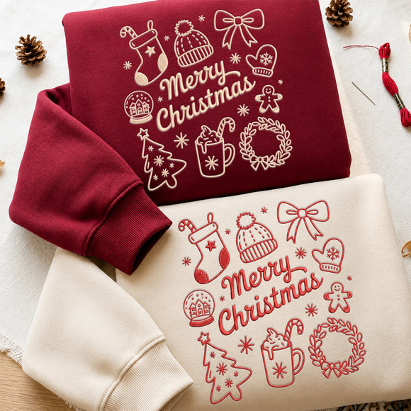 Embroidered Merry Christmas Doodle Shirt Cozy Holiday Wear Women Men