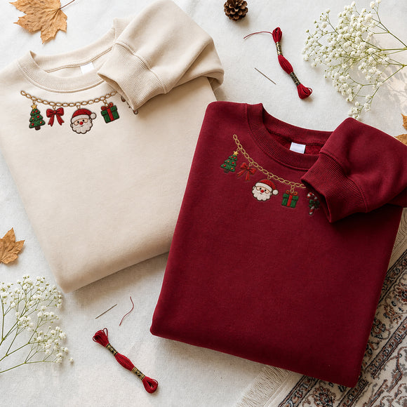 Embroidered Xmas Charm Necklace Cozy Holiday Sweatshirt Women Gift