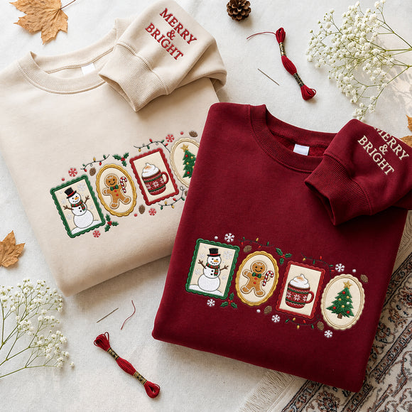 Embroidered Christmas Stamp Sweatshirt Festive Holiday Wear for Family