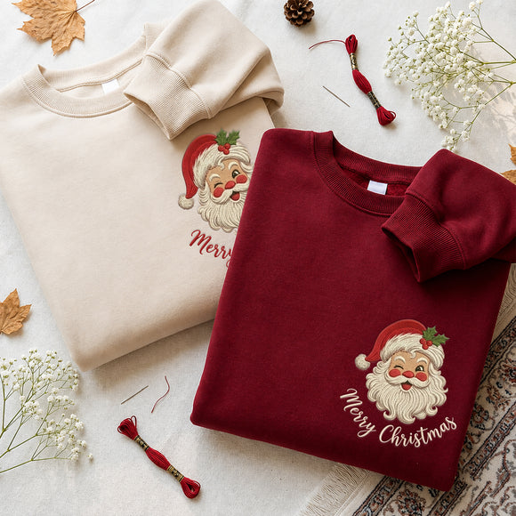 Vintage Embroidered Santa Sweatshirt Cozy Christmas Holiday Family Gift