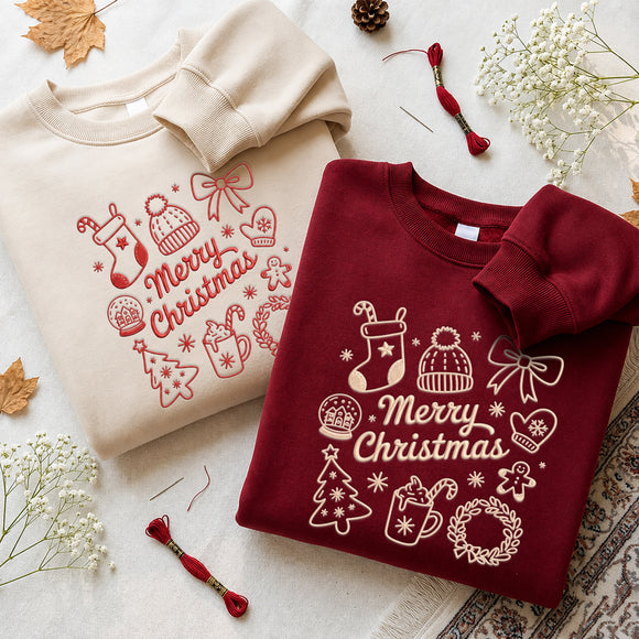 Embroidered Merry Christmas Doodle Shirt Cozy Holiday Wear Women Men