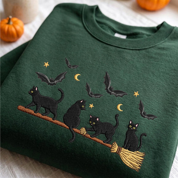 Embroidered Black Cat Broomstick Spooky Halloween Outfit For Women