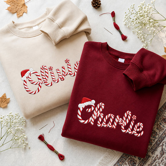 Personalized Candy Cane Embroidered Xmas Name Sweatshirt Family Gift