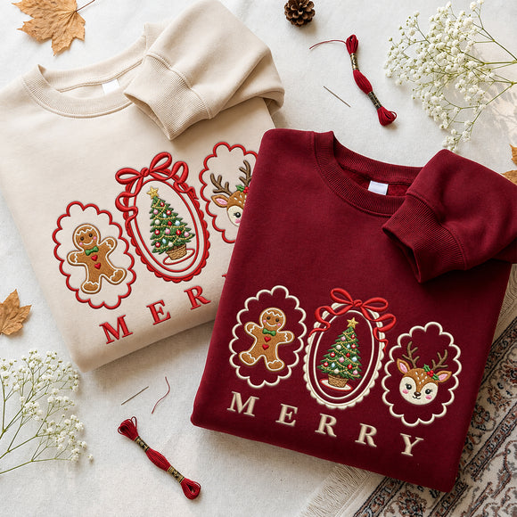Merry Christmas Embroidered Sweatshirt Cozy Holiday Outfit Women Men