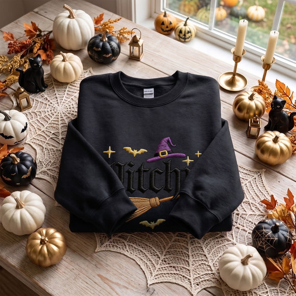 Embroidered Witchy Broom Cozy Fall Wear Halloween Lovers Sweatshirt