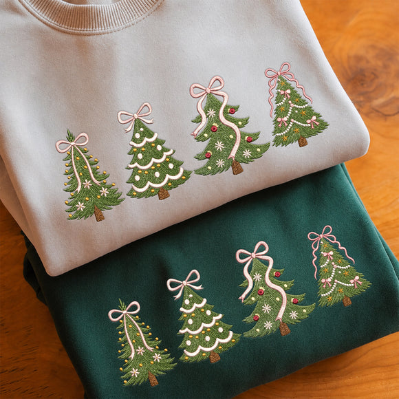 Embroidered Pink Bow Christmas Trees Festive Holiday Wear Women Youth