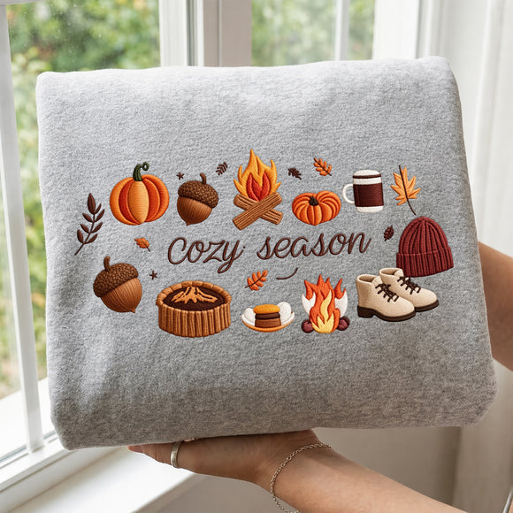 Cozy Season Embroidered Sweatshirt Warm Fall Gift for Autumn Lovers