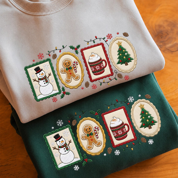 Embroidered Christmas Stamp Sweatshirt Festive Holiday Wear for Family