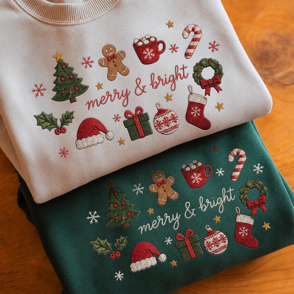Embroidered Merry Bright Christmas Sweatshirt Cozy Holiday Gift Women