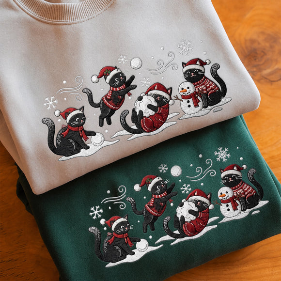 Embroidered Black Cat Christmas Sweatshirt Holiday Gift For Pet Lovers