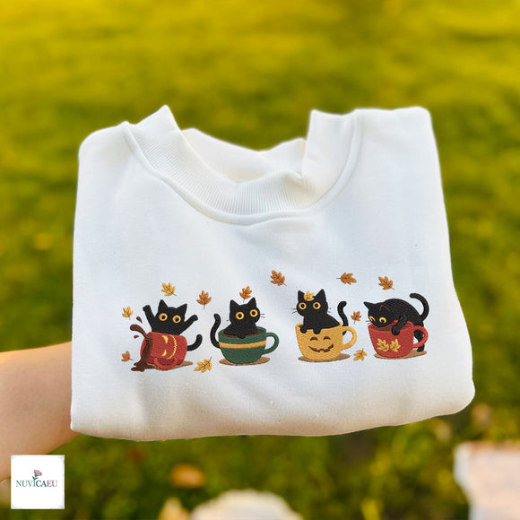 Embroidered Black Cats Pumpkin Mugs Cozy Fall Sweatshirt Gift For Her