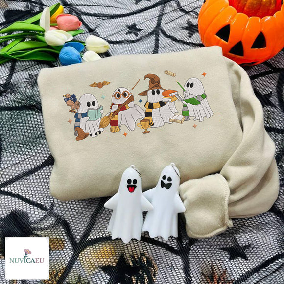 Cute Wizard Ghosts Embroidered Halloween Sweatshirt Potterhead Gift