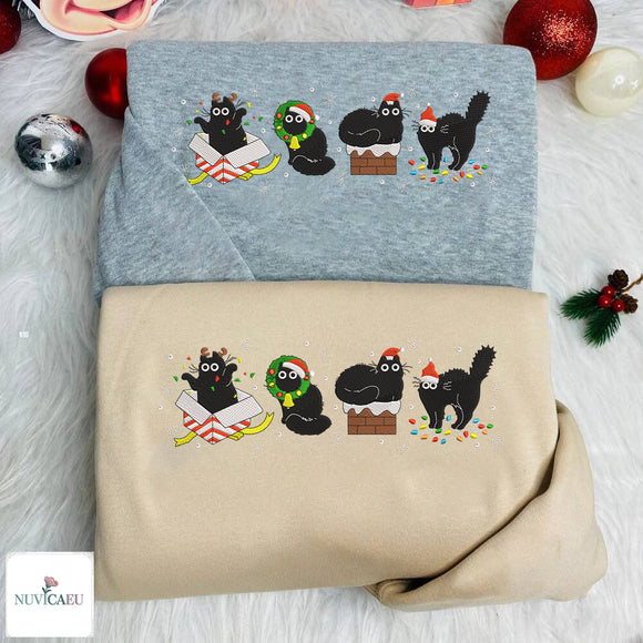 Embroidered Black Cat Christmas Sweatshirt Holiday Gift for Pet Lovers