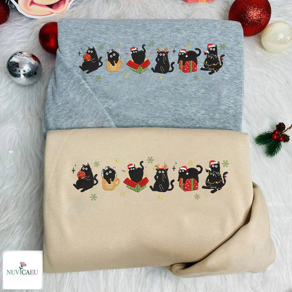 Embroidered Christmas Black Cat Holiday Sweater Cozy Gift Cat Lovers