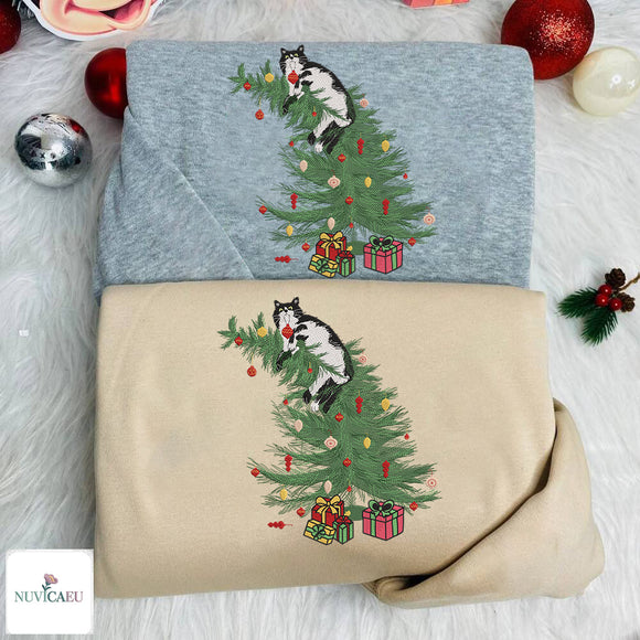 Embroidered Cat Christmas Tree Cozy Holiday Sweatshirt Pet Lover Gift