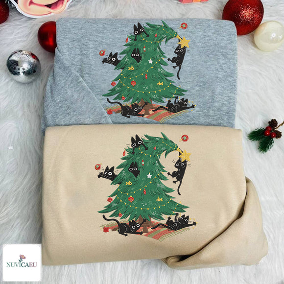Black Cat Christmas Tree Embroidered Sweater Festive Gift for Cat Lovers