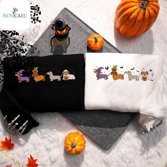 Embroidered Spooky Dachshund Halloween Sweatshirt Cozy Dog Lover Gift