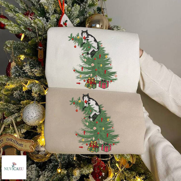Embroidered Cat Christmas Tree Cozy Holiday Sweatshirt Pet Lover Gift