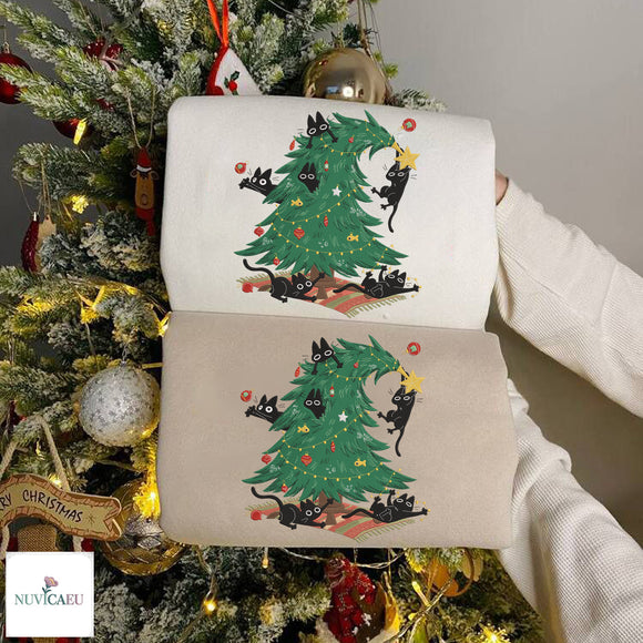 Black Cat Christmas Tree Embroidered Sweater Festive Gift for Cat Lovers
