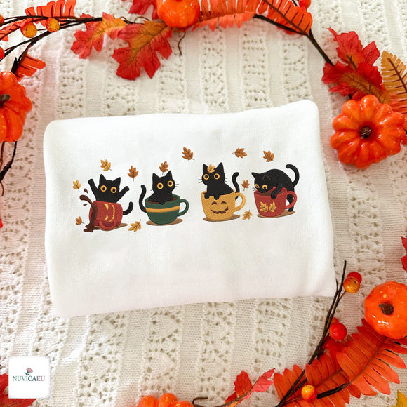 Embroidered Black Cats Pumpkin Mugs Cozy Fall Sweatshirt Gift For Her