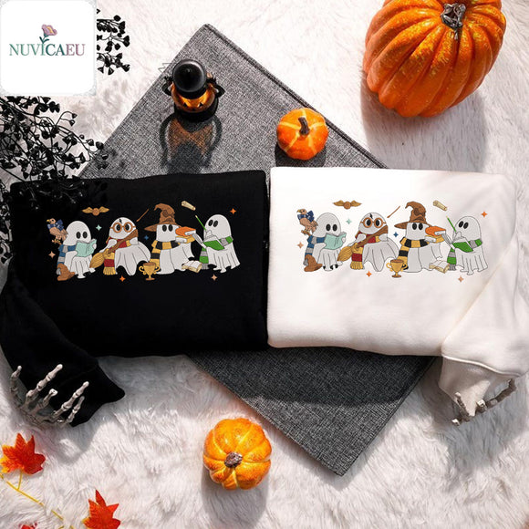 Cute Wizard Ghosts Embroidered Halloween Sweatshirt Potterhead Gift