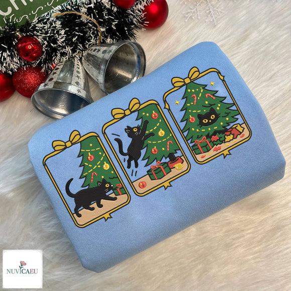 Embroidered Black Cat Christmas Tree Sweatshirt Gift for Pet Lovers