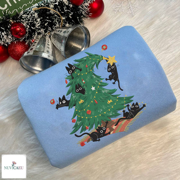 Black Cat Christmas Tree Embroidered Sweater Festive Gift for Cat Lovers