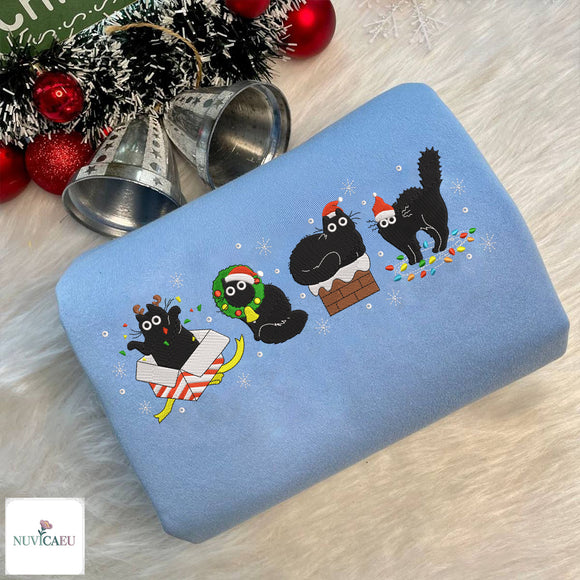 Embroidered Black Cat Christmas Sweatshirt Holiday Gift for Pet Lovers