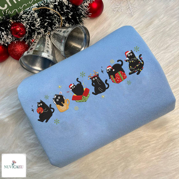 Embroidered Christmas Black Cat Holiday Sweater Cozy Gift Cat Lovers