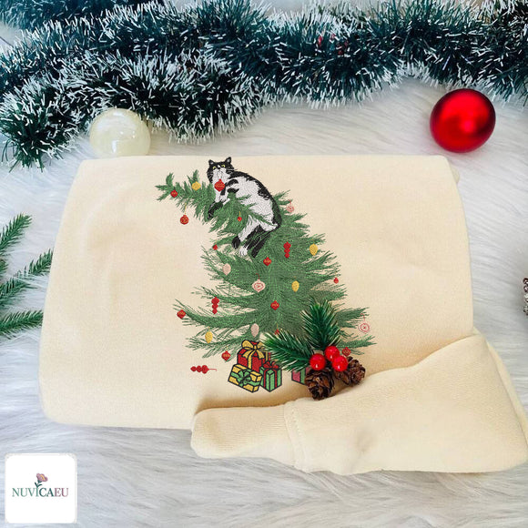 Embroidered Cat Christmas Tree Cozy Holiday Sweatshirt Pet Lover Gift