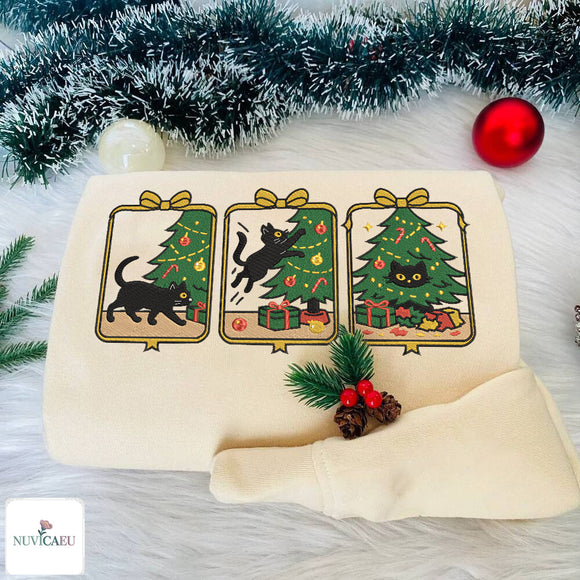 Embroidered Black Cat Christmas Tree Sweatshirt Gift for Pet Lovers
