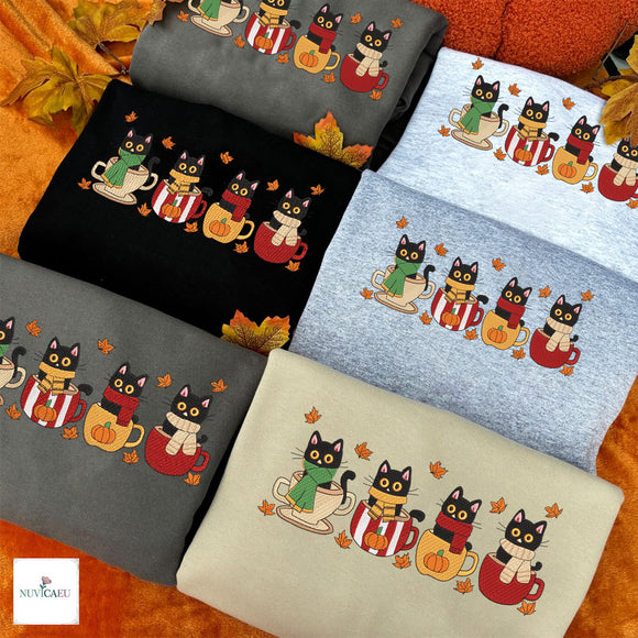 Embroidered Black Cat Mug Sweatshirt Cozy Autumn Gift for Pet Lovers