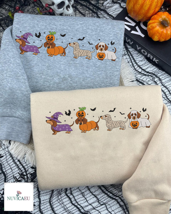 Embroidered Spooky Dachshund Halloween Sweatshirt Cozy Dog Lover Gift