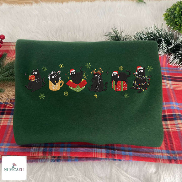 Embroidered Christmas Black Cat Holiday Sweater Cozy Gift Cat Lovers