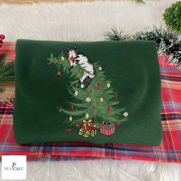 Embroidered Cat Christmas Tree Cozy Holiday Sweatshirt Pet Lover Gift