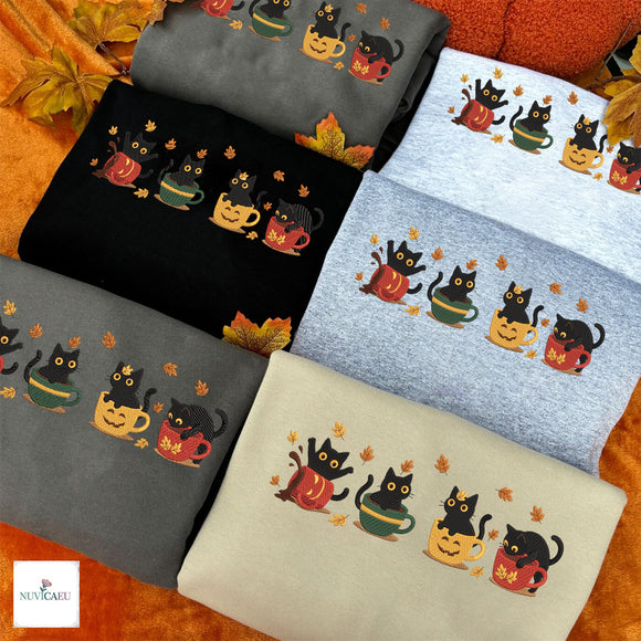 Embroidered Black Cats Pumpkin Mugs Cozy Fall Sweatshirt Gift For Her