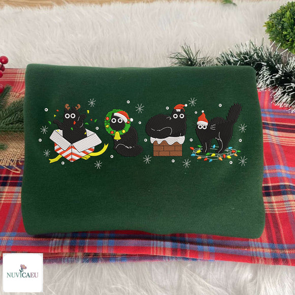 Embroidered Black Cat Christmas Sweatshirt Holiday Gift for Pet Lovers