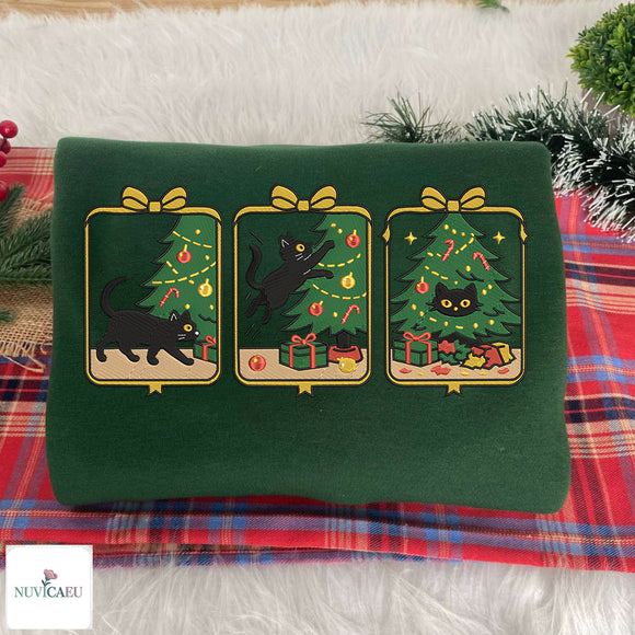 Embroidered Black Cat Christmas Tree Sweatshirt Gift for Pet Lovers
