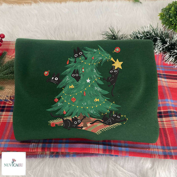Black Cat Christmas Tree Embroidered Sweater Festive Gift for Cat Lovers