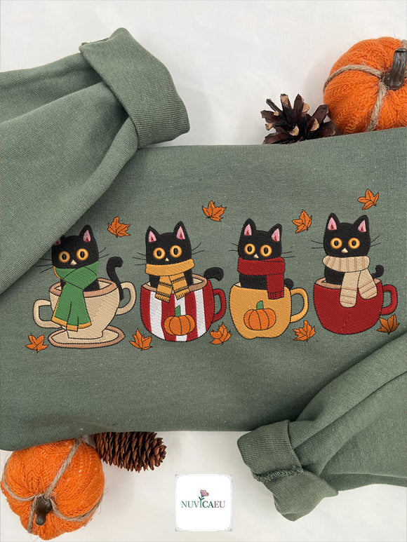 Embroidered Black Cat Mug Sweatshirt Cozy Autumn Gift for Pet Lovers
