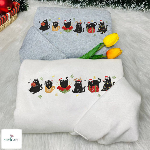 Embroidered Christmas Black Cat Holiday Sweater Cozy Gift Cat Lovers