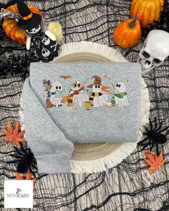 Cute Wizard Ghosts Embroidered Halloween Sweatshirt Potterhead Gift