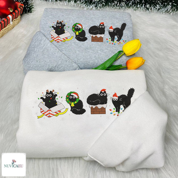 Embroidered Black Cat Christmas Sweatshirt Holiday Gift for Pet Lovers