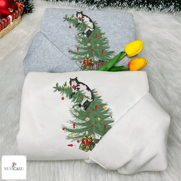 Embroidered Cat Christmas Tree Cozy Holiday Sweatshirt Pet Lover Gift