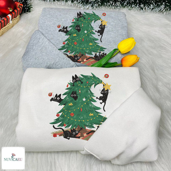 Black Cat Christmas Tree Embroidered Sweater Festive Gift for Cat Lovers